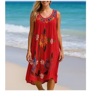 Vintage Omja Free Size Red Dress Women Funky Bright Art-to-Wear Eclectic Beach